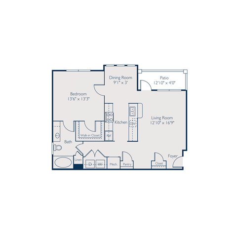 Floor plan for 1 bed, 1 bath, 940 sqft